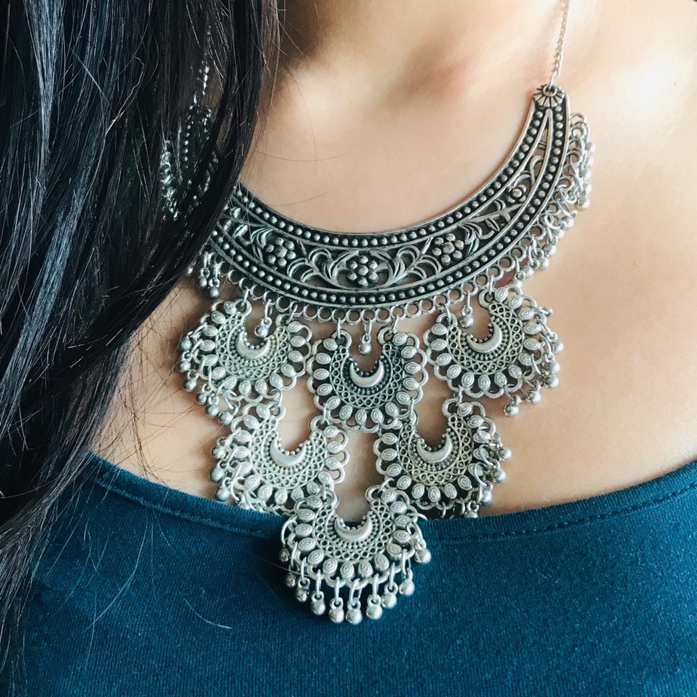 Bohemian Silver Choker Bib Statement Necklace - Picture 3 of 6